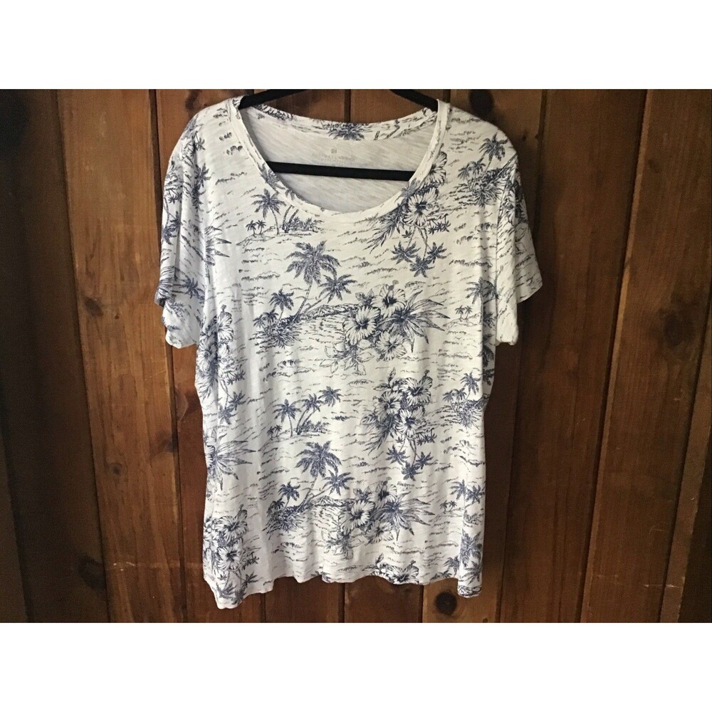 Elliott Lauren Blue Blouse Size XL Short Sleeve Floral Tropical Tagless